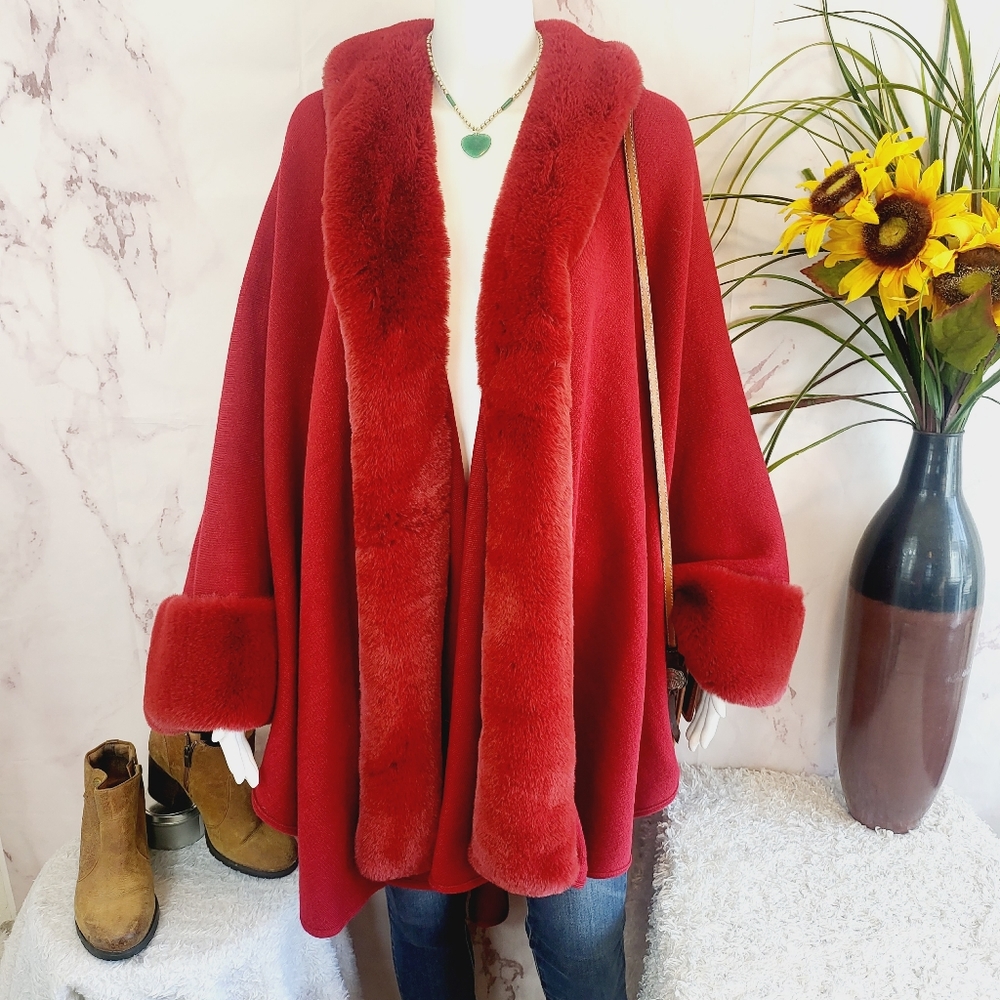 Boston Proper amazingly soft plush red fur trim poncho cardigan